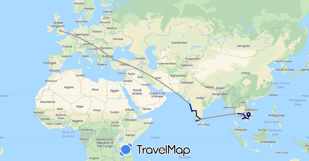 TravelMap itinerary: driving, plane in United Kingdom, India, Cambodia, Thailand, Turkey, Vietnam (Asia, Europe)